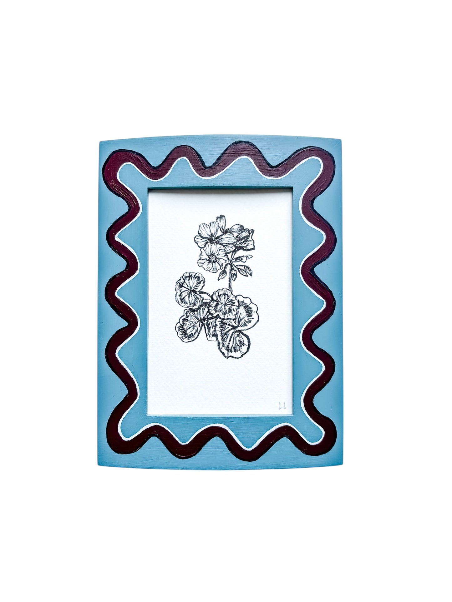 GERANIUM ORIGINAL INK ARTWORK IN A HAND PAINTED BLUE AND BURGUNDY WIGGLE PRELOVED FRAME