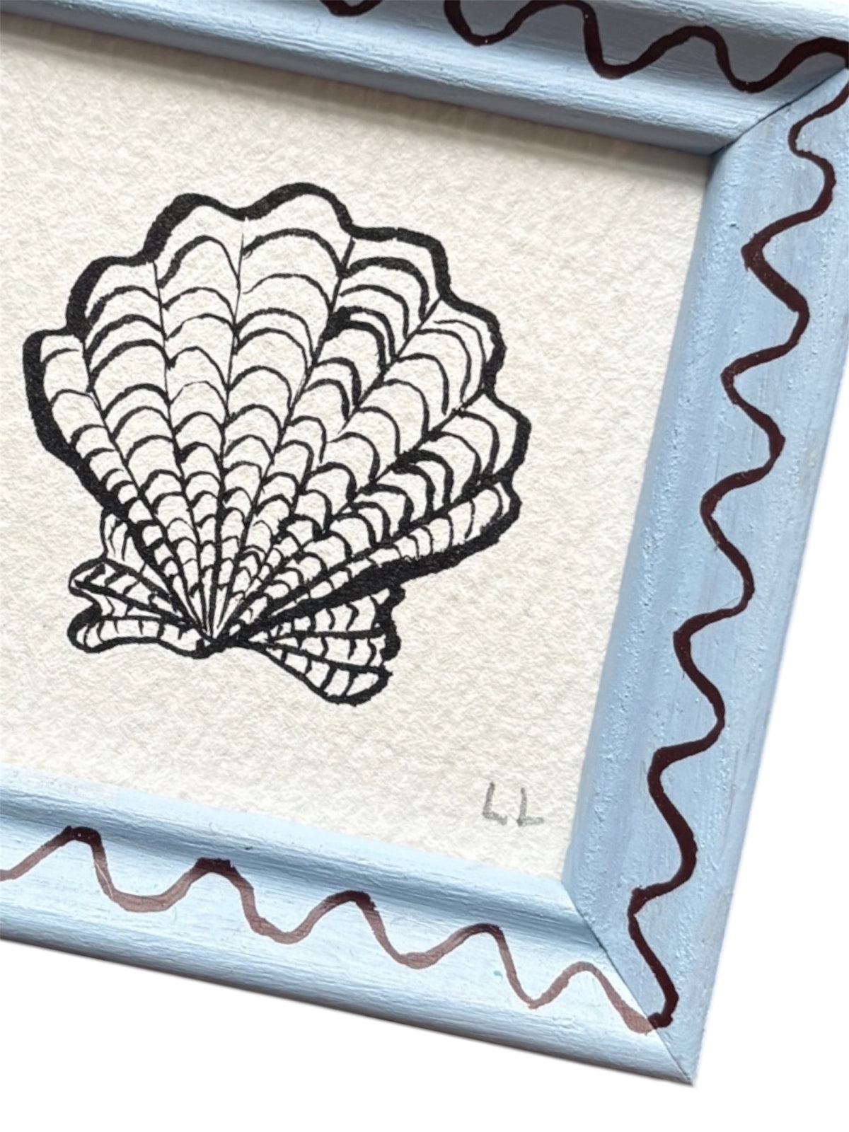 MINI SCALLOP ORIGINAL INK ARTWORK IN A HAND PAINTED BLUE AND BURGUNDY WIGGLE FRAME