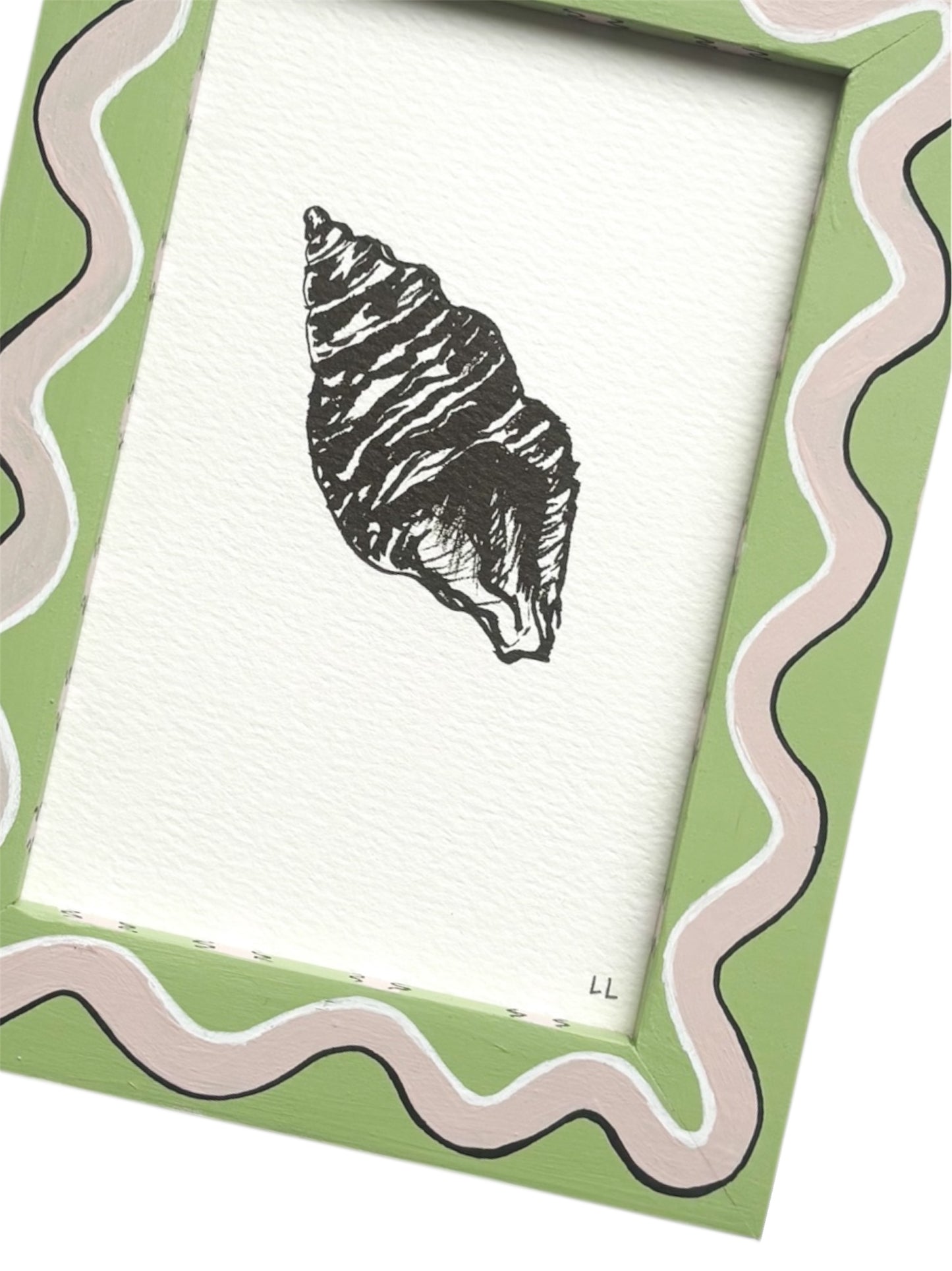 SHELL ORIGINAL INK ARTWORK IN A HAND PAINTED PALE GREEN AND PINK WIGGLE AND STRIPED PRELOVED FRAME