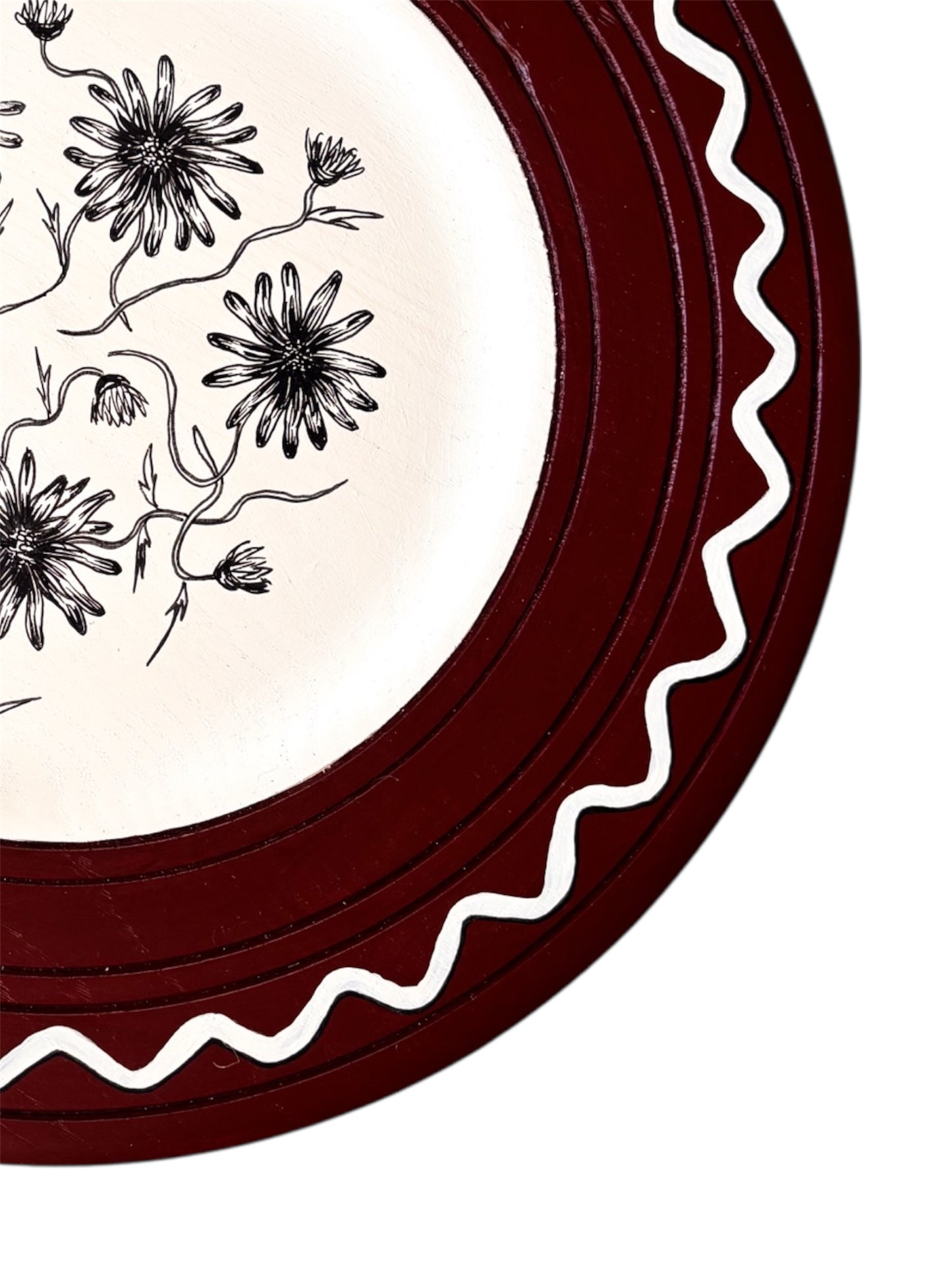 DAISY ORIGINAL ARTWORK ON A HAND PAINTED BURGUNDY AND CREAM PRELOVED WOODEN PLATE