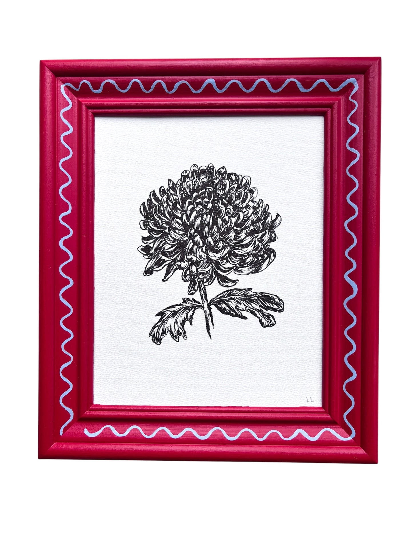 CHRYSANTHEMUM ORIGINAL INK ARTWORK IN A HAND PAINTED RED AND BLUE WIGGLE PRELOVED FRAME
