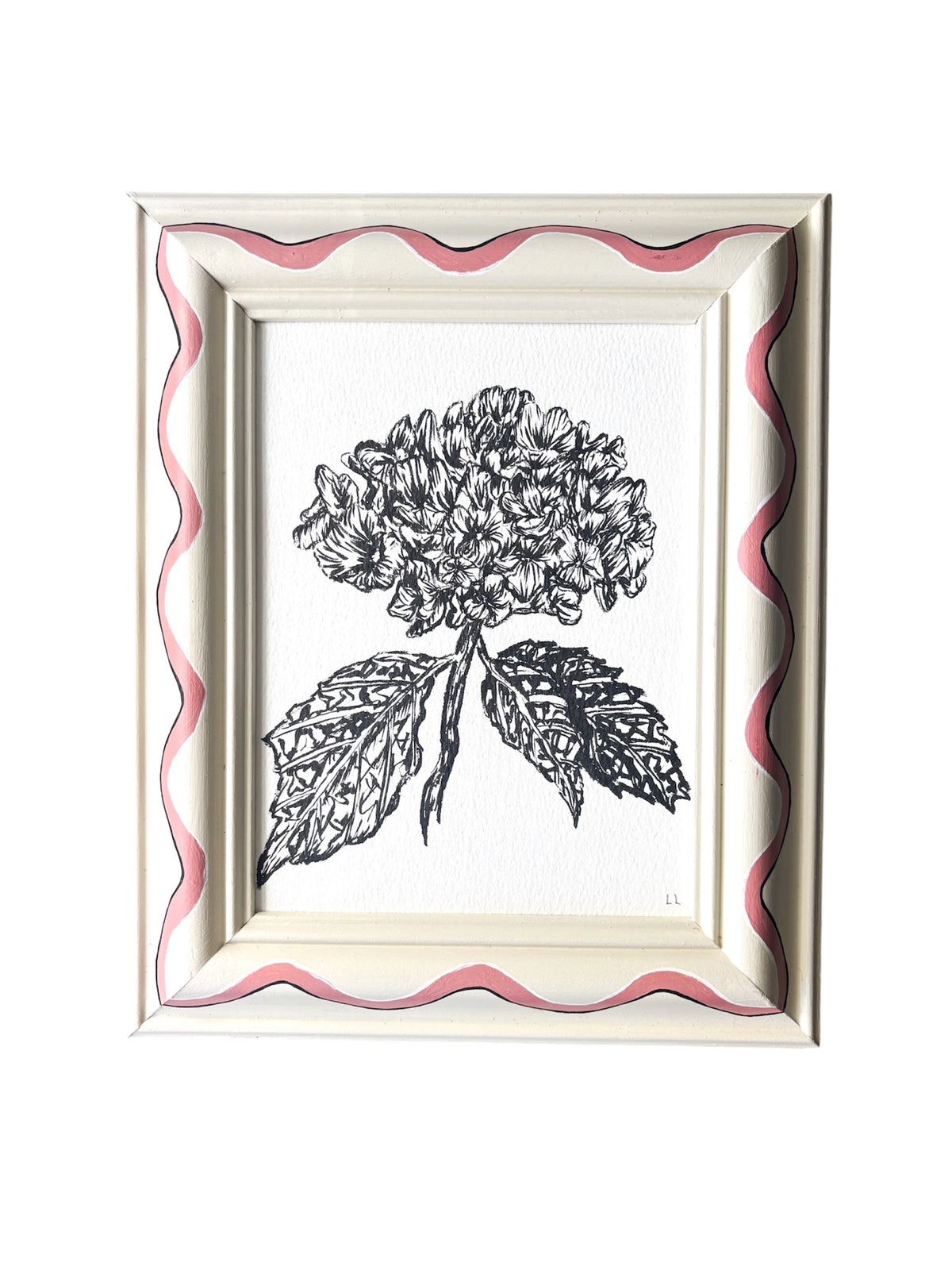 HYDRANGEA ORIGINAL INK ARTWORK IN A HAND PAINTED CREAM AND PINK WIGGLE PRELOVED FRAME