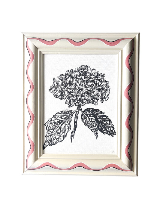 HYDRANGEA ORIGINAL INK ARTWORK IN A HAND PAINTED CREAM AND PINK WIGGLE PRELOVED FRAME