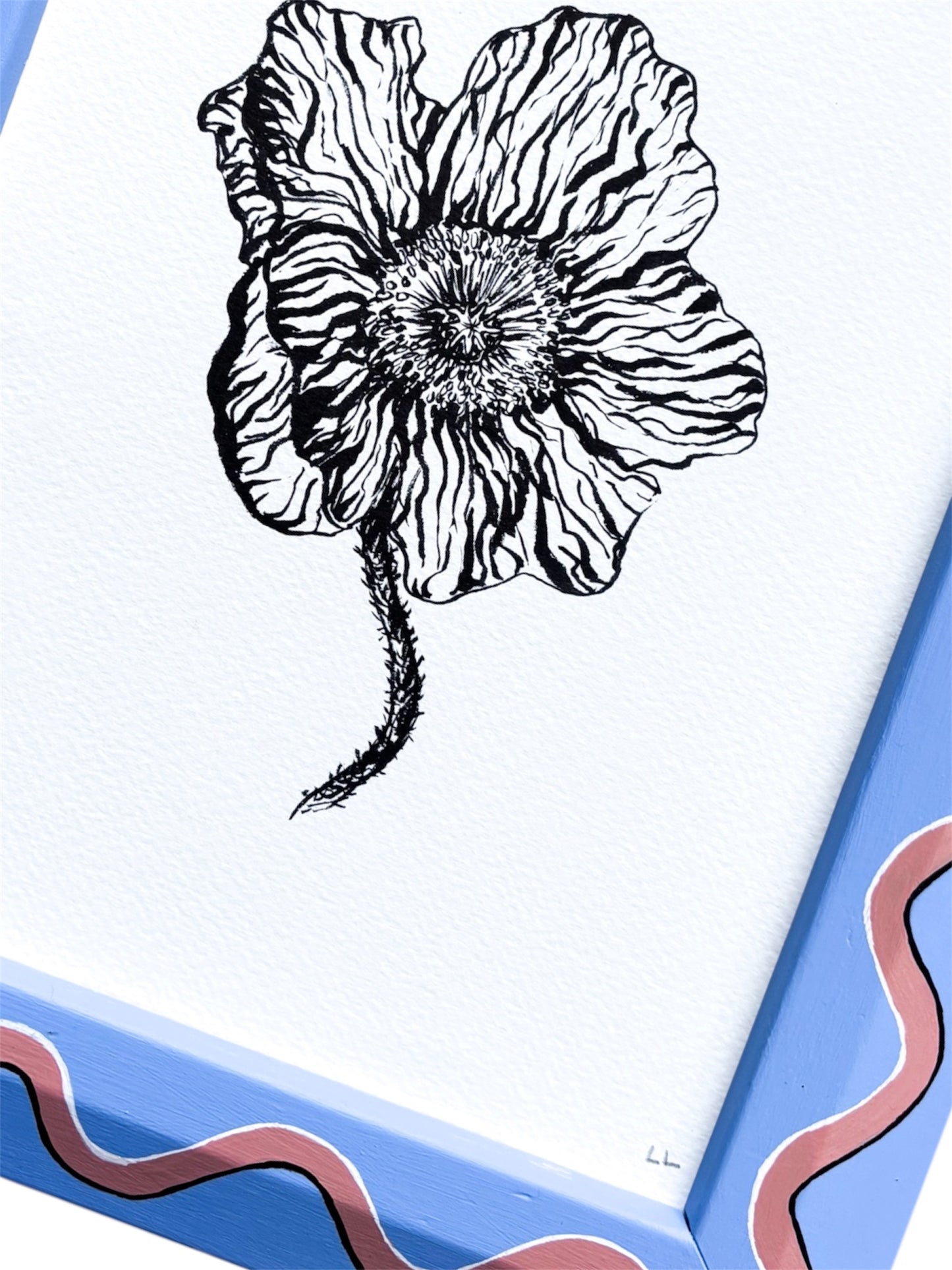 POPPY ORIGINAL INK ARTWORK IN A HAND PAINTED BLUE AND PINK WIGGLE PRELOVED FRAME