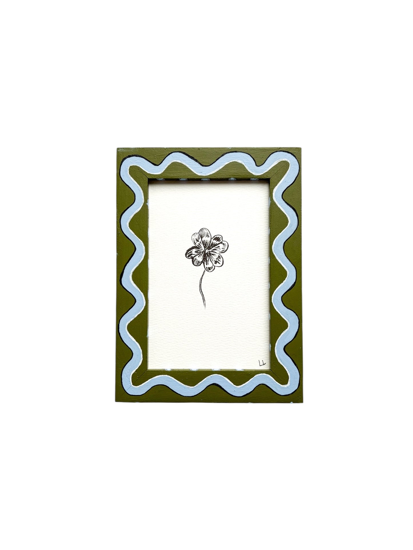 CLOVER ORIGINAL INK ARTWORK IN A HAND PAINTED GREEN AND BLUE WIGGLE AND STRIPED PRELOVED FRAME