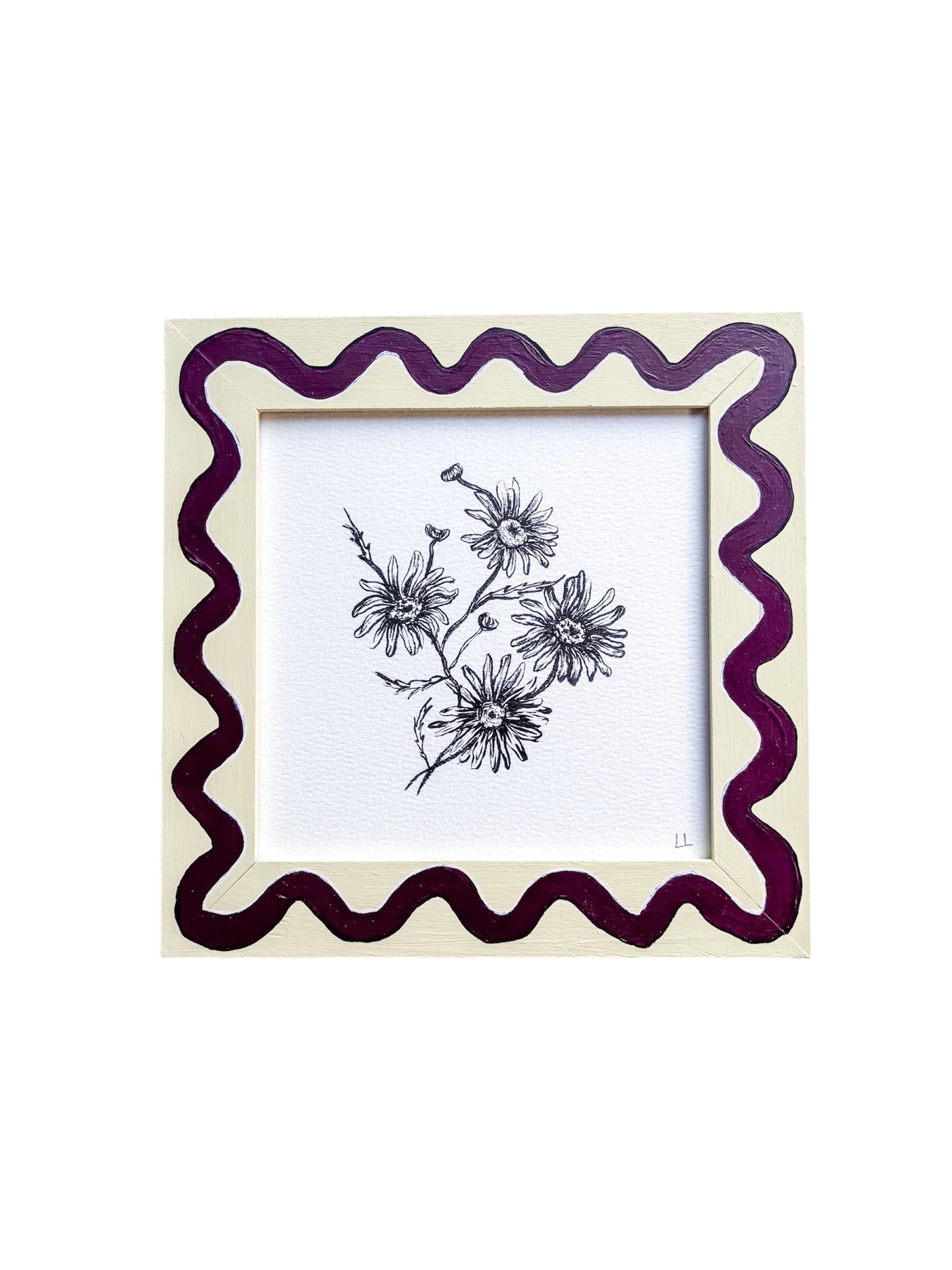 DAISY ORIGINAL INK ARTWORK IN A HAND PAINTED YELLOW AND BURGUNDY WIGGLE PRELOVED FRAME
