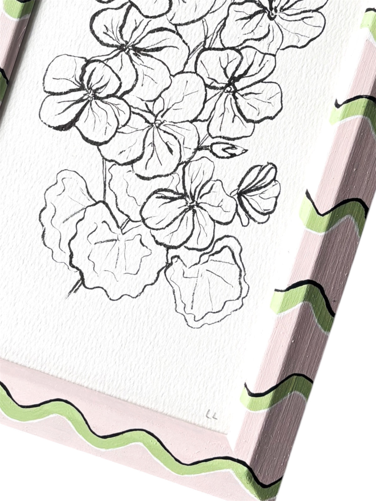 GERANIUM ORIGINAL INK ARTWORK IN A HAND PAINTED PALE PINK AND GREEN WIGGLE STRIPE PRELOVED FRAME