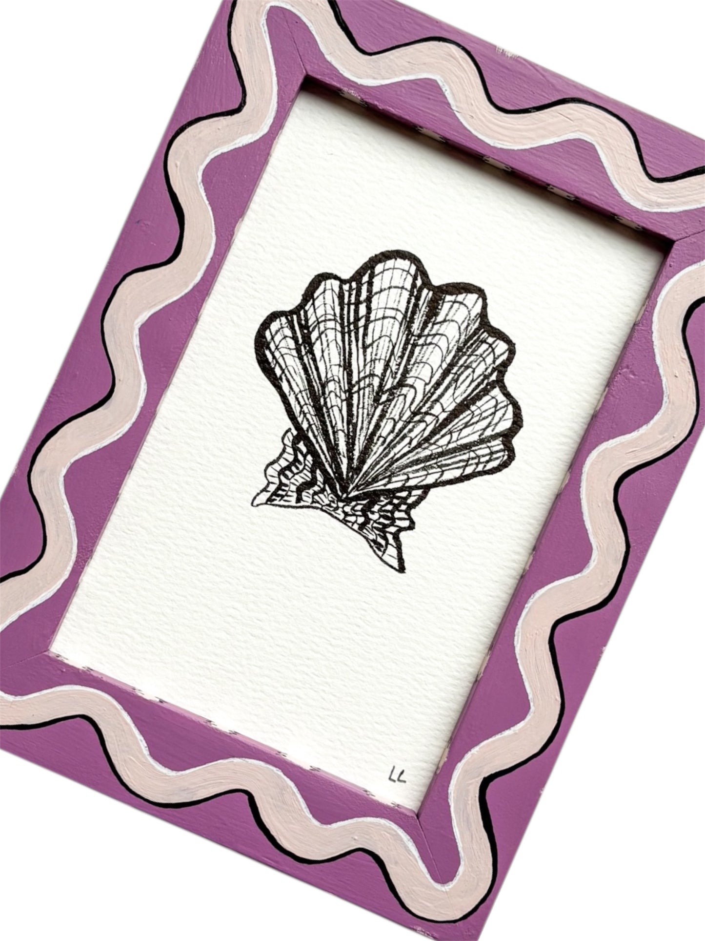SCALLOP SHELL ORIGINAL INK ARTWORK IN A HAND PAINTED PURPLE AND PALE PINK WIGGLE AND STRIPED PRELOVED FRAME