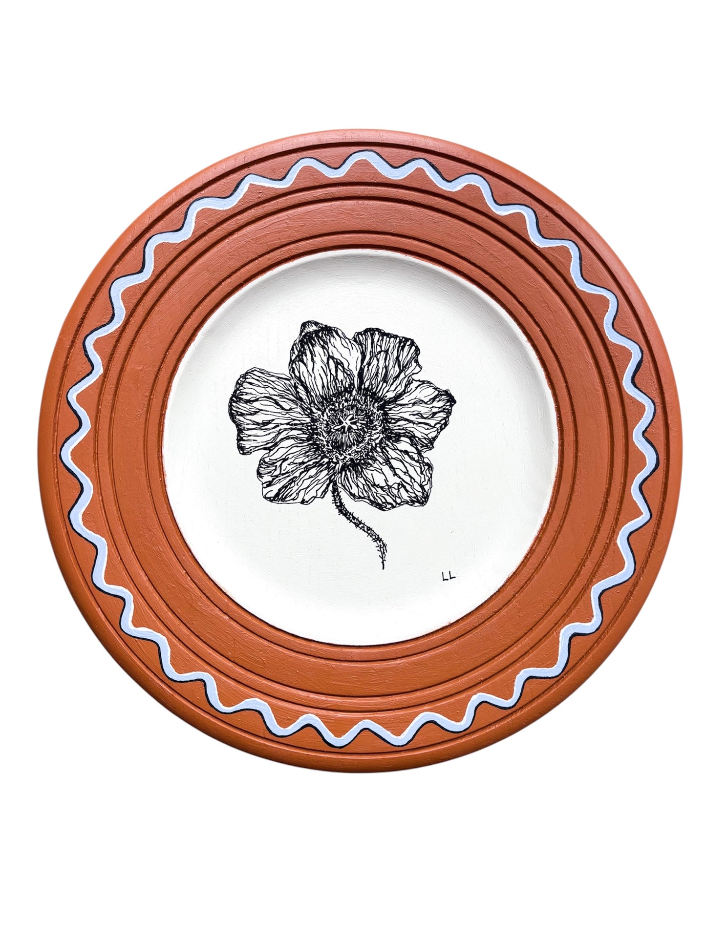 POPPY ORIGINAL ARTWORK ON A HAND PAINTED ORANGE AND CREAM PRELOVED WOODEN PLATE