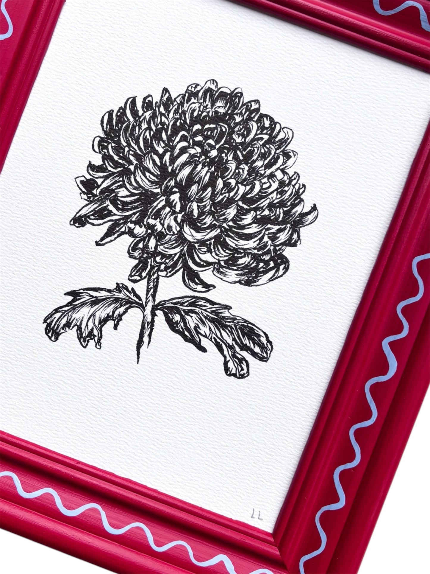 CHRYSANTHEMUM ORIGINAL INK ARTWORK IN A HAND PAINTED RED AND BLUE WIGGLE PRELOVED FRAME