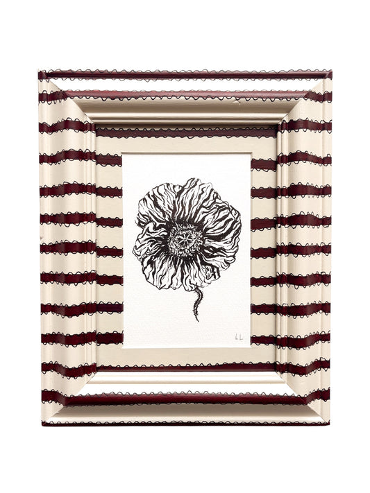 ICELANDIC POPPY ORIGINAL INK ARTWORK IN A HAND PAINTED CREAM AND BURGUNDY PRELOVED FRAME