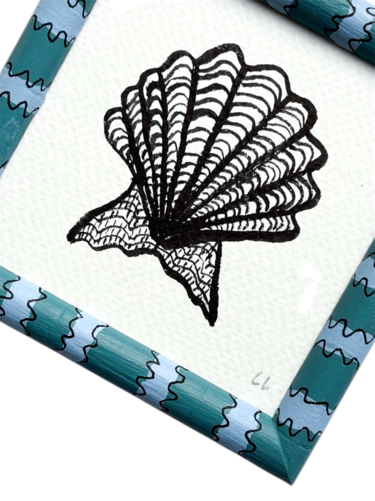 SMALL SCALLOP ORIGINAL INK ARTWORK IN A HAND PAINTED BLUE AND GREEN STRIPE FRAME
