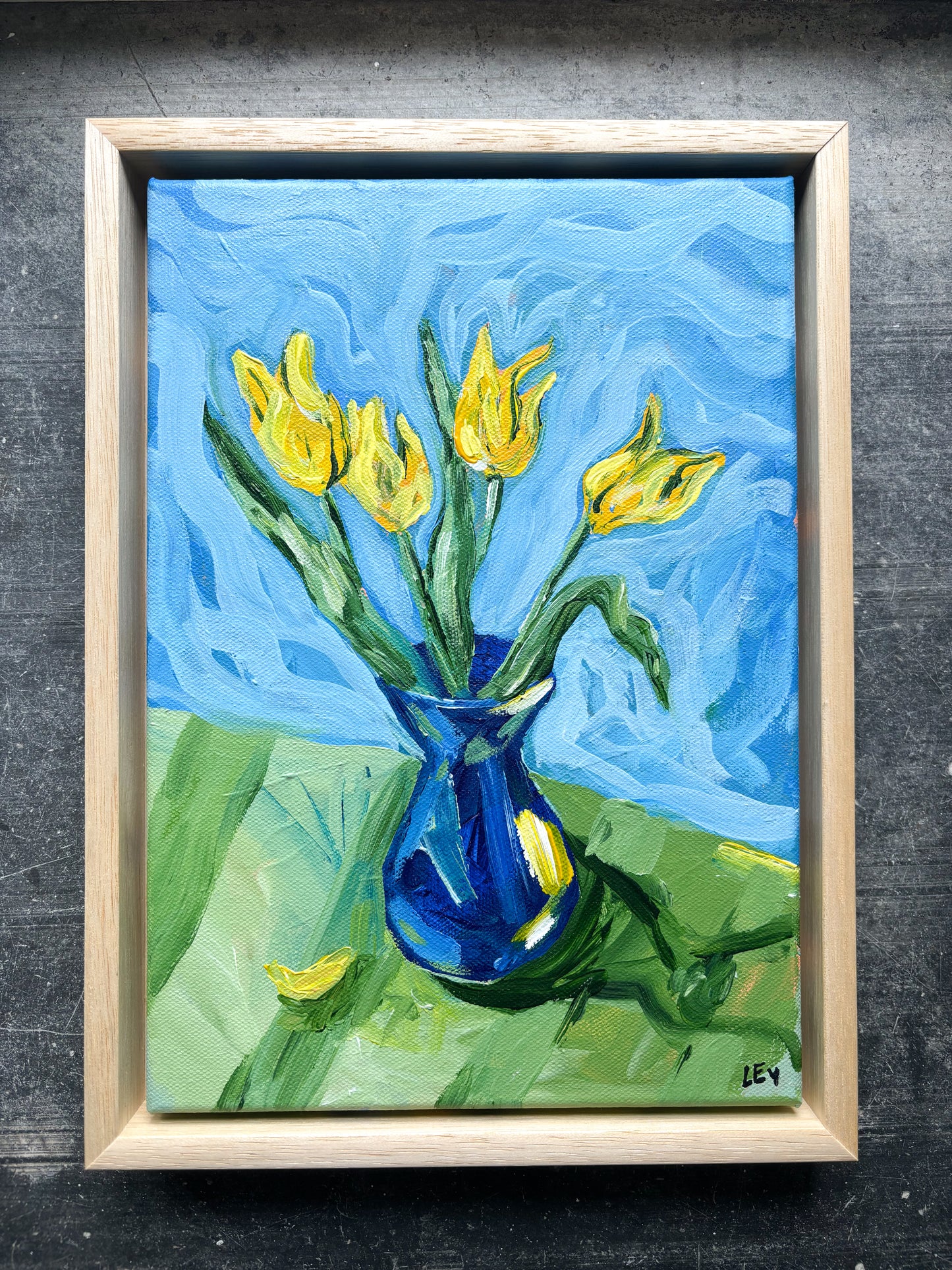 'YELLOW TULIPS IN A BLUE VASE' FRAMED ORIGINAL PAINTING