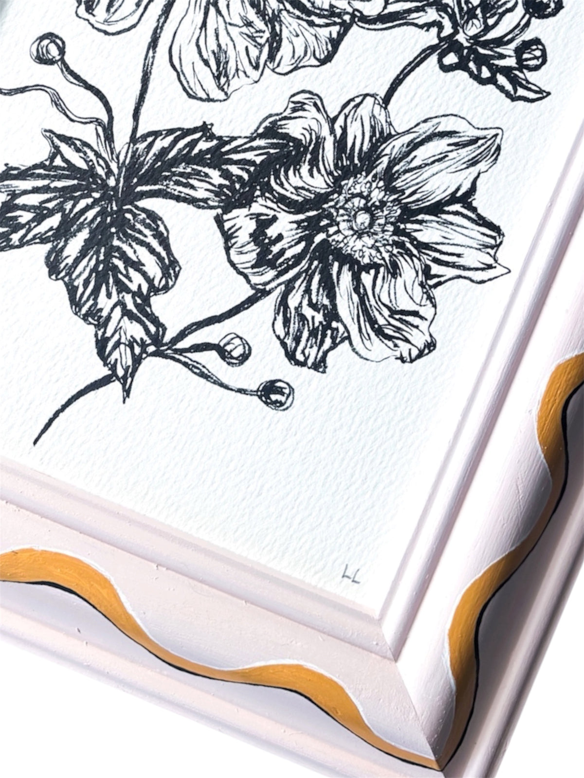 JAPANESE ANEMONE ORIGINAL INK ARTWORK IN A HAND PAINTED PINK AND YELLOW WIGGLE PRELOVED FRAME
