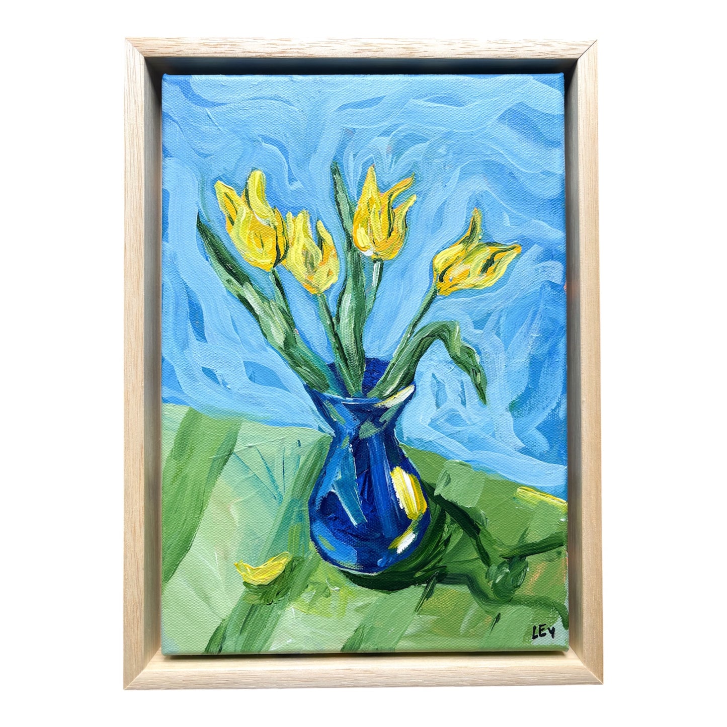 'YELLOW TULIPS IN A BLUE VASE' FRAMED ORIGINAL PAINTING