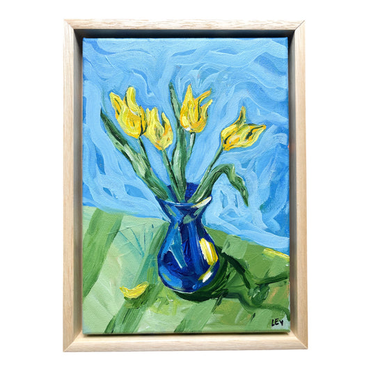 'YELLOW TULIPS IN A BLUE VASE' FRAMED ORIGINAL PAINTING