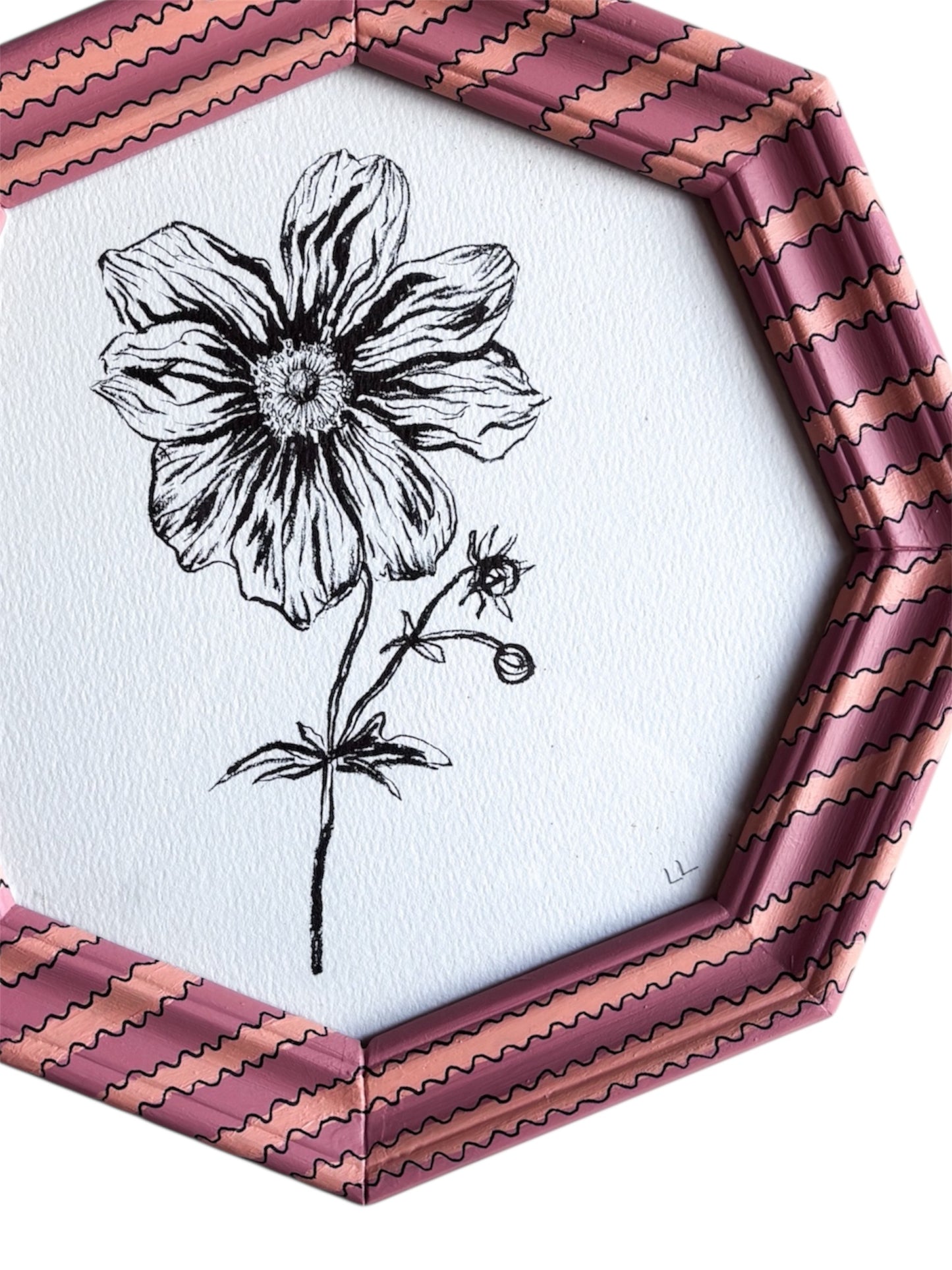 JAPANESE ANEMONE ORIGINAL INK DRAWING IN HAND PAINTED PINK AND CORAL OCTAGONAL FRAME