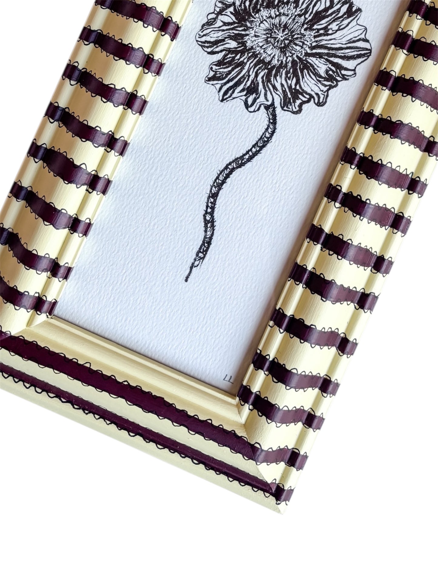 ICELANDIC POPPY ORIGINAL INK ARTWORK IN A HAND PAINTED YELLOW AND BURGUNDY STRIPE PRELOVED FRAME