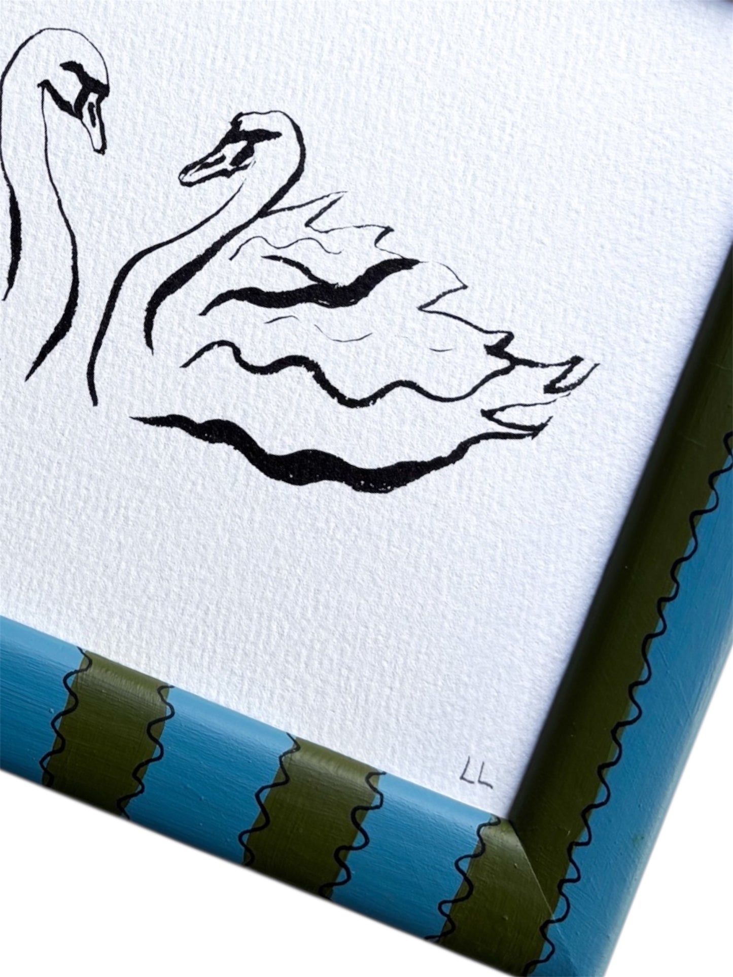 SWAN ORIGINAL INK ARTWORK IN A HAND PAINTED GREEN AND BLUE STRIPED FRAME