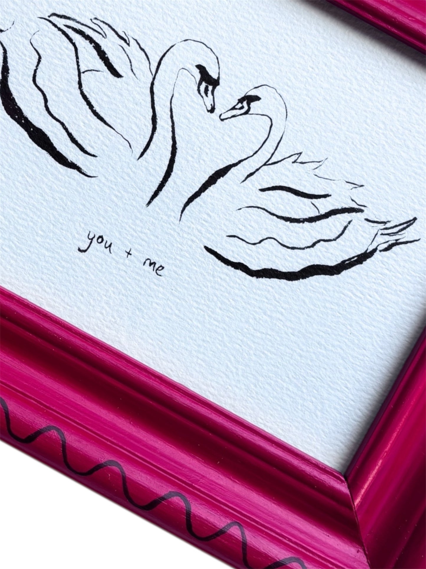 SWAN ORIGINAL INK ARTWORK IN A HAND PAINTED RED AND BURGUNDY WIGGLE FRAME