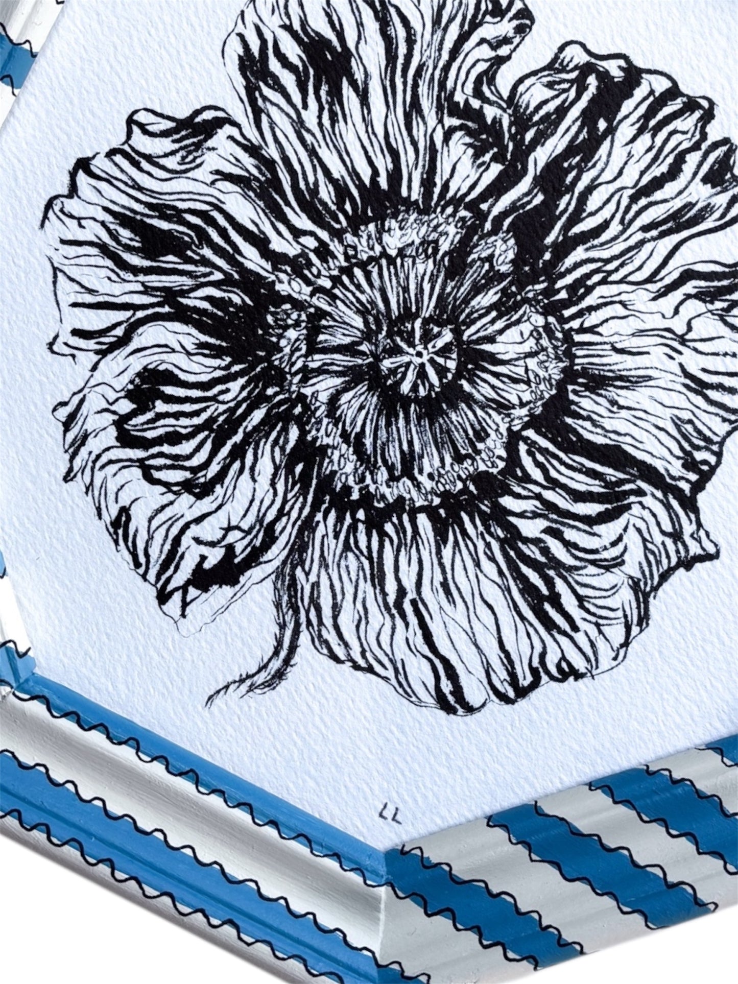 POPPY ORIGINAL INK DRAWING IN HAND PAINTED BLUE AND CREAM OCTAGONAL FRAME