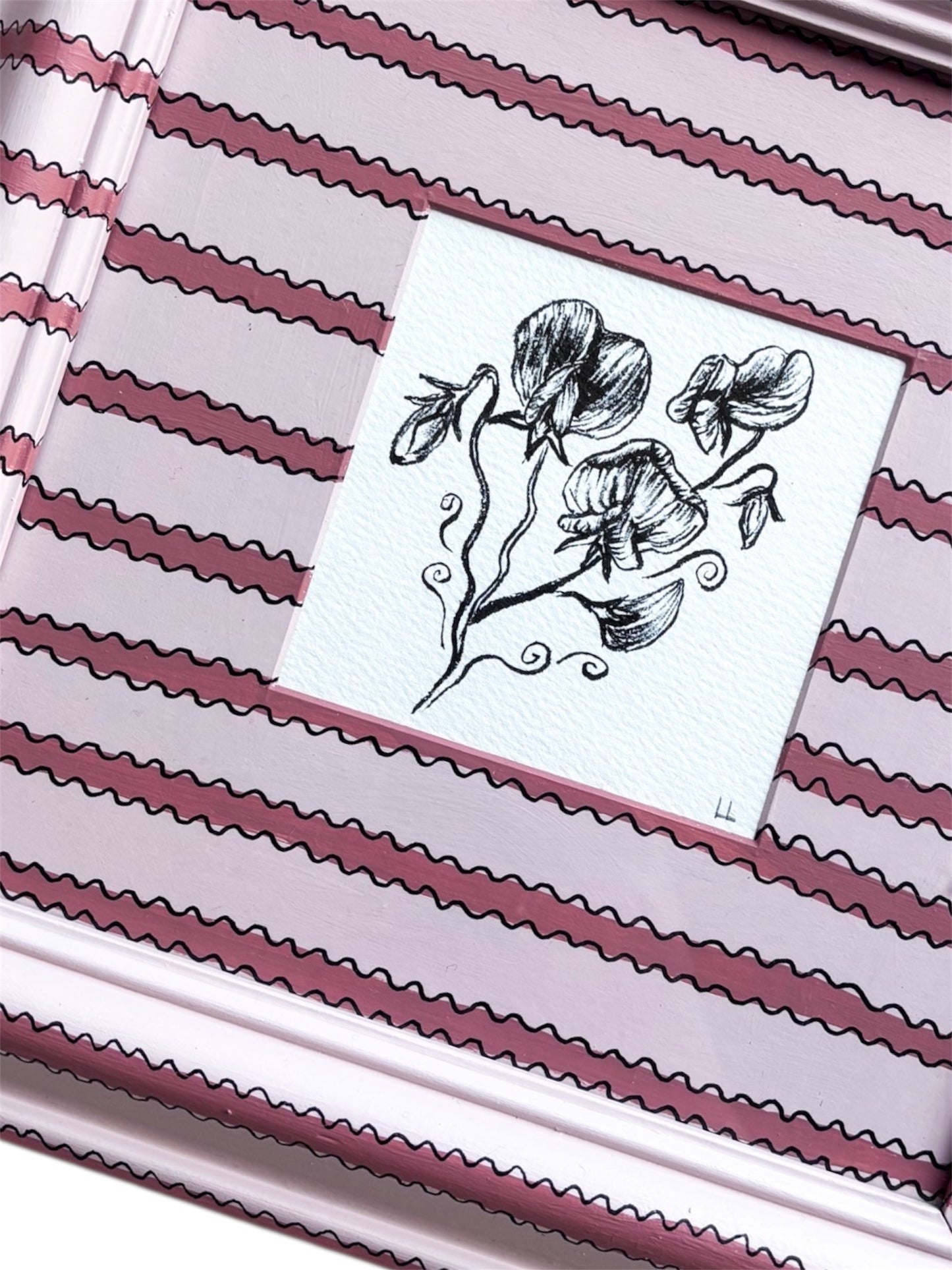 SWEETPEA ORIGINAL INK ARTWORK IN A HAND PAINTED PINK ON PINK STRIPED PRELOVED FRAME