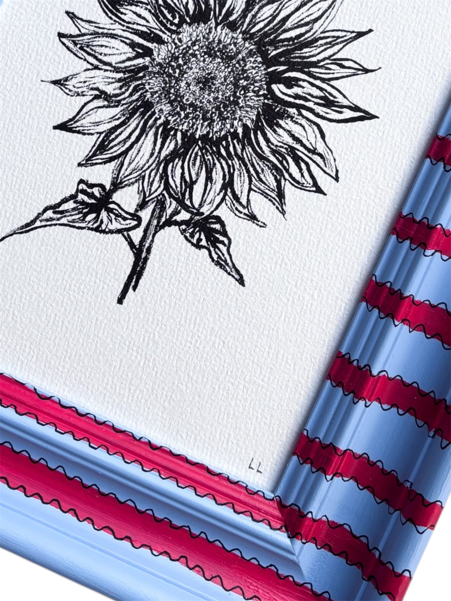 SUNFLOWER ORIGINAL INK ARTWORK IN A HAND PAINTED RED AND BLUE STRIPED PRELOVED FRAME