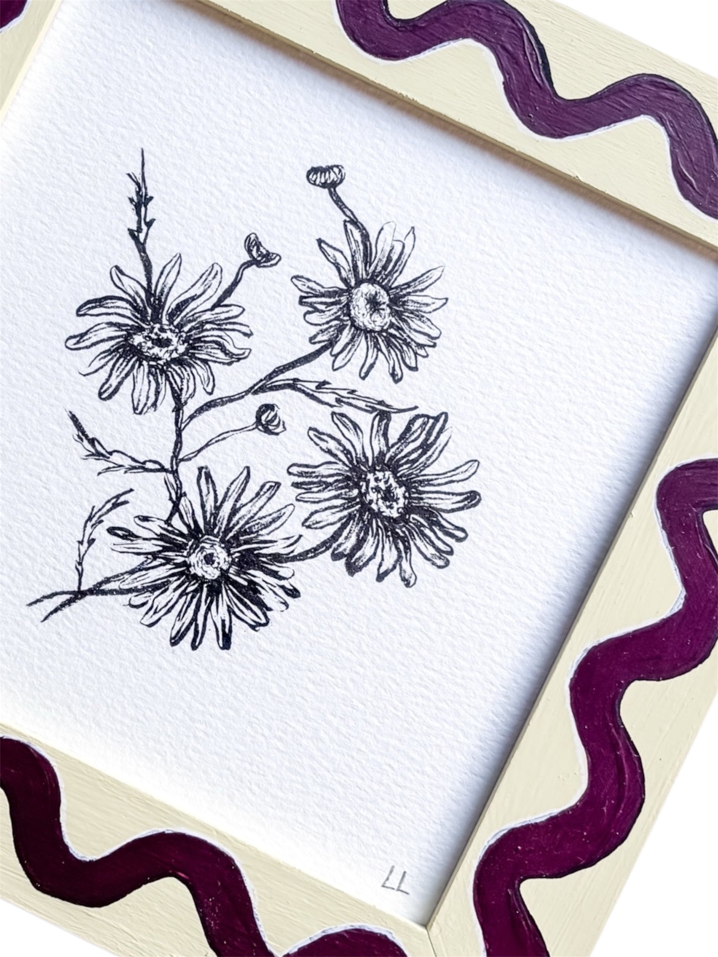 DAISY ORIGINAL INK ARTWORK IN A HAND PAINTED YELLOW AND BURGUNDY WIGGLE PRELOVED FRAME