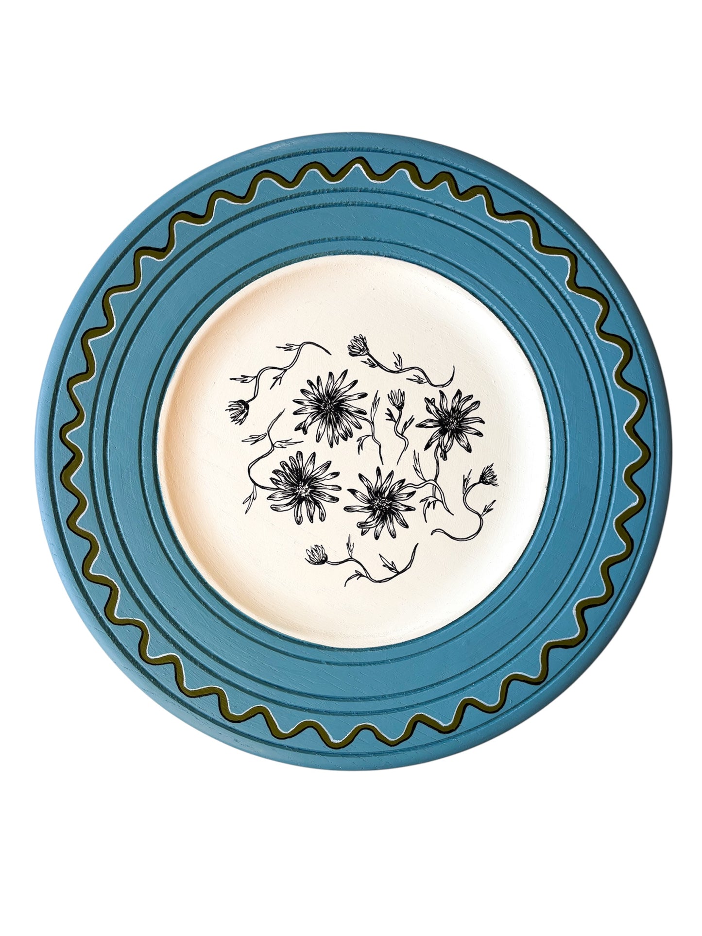 DAISY ORIGINAL ARTWORK ON A HAND PAINTED BLUE AND CREAM PRELOVED WOODEN PLATE