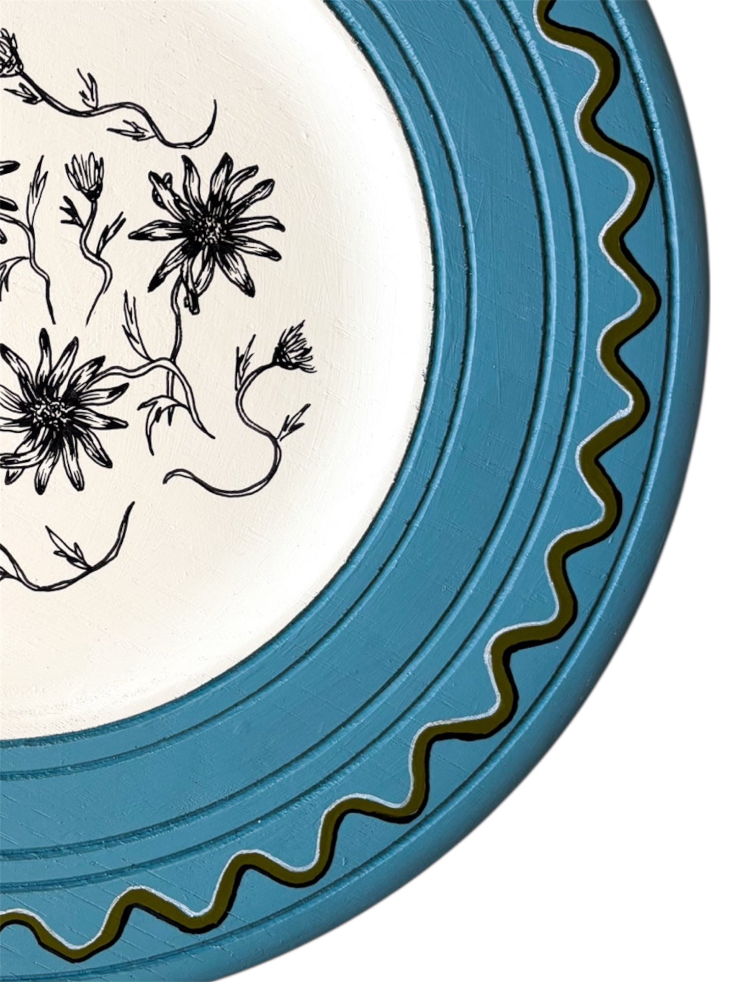 DAISY ORIGINAL ARTWORK ON A HAND PAINTED BLUE AND CREAM PRELOVED WOODEN PLATE