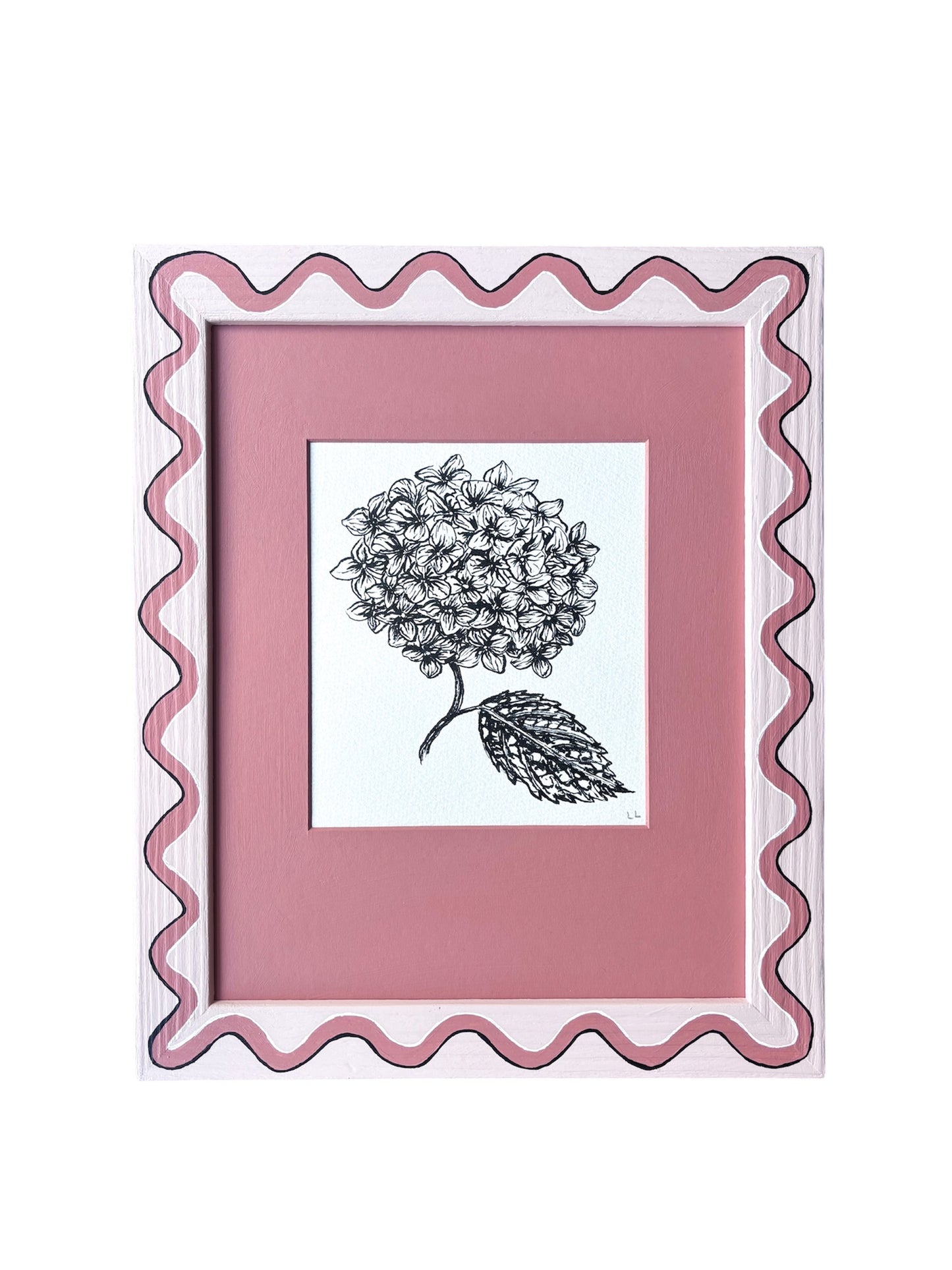 HYDRANGEA ORIGINAL INK ARTWORK IN A HAND PAINTED PINK WIGGLE WITH PINK MOUNT PRELOVED FRAME