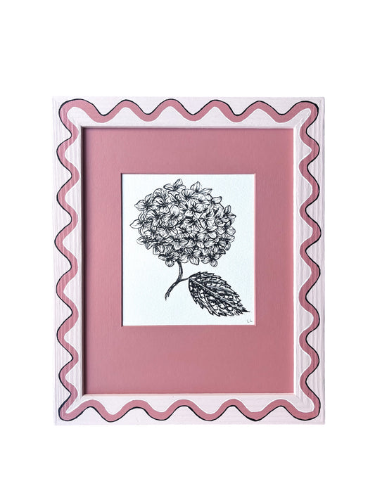 HYDRANGEA ORIGINAL INK ARTWORK IN A HAND PAINTED PINK WIGGLE WITH PINK MOUNT PRELOVED FRAME