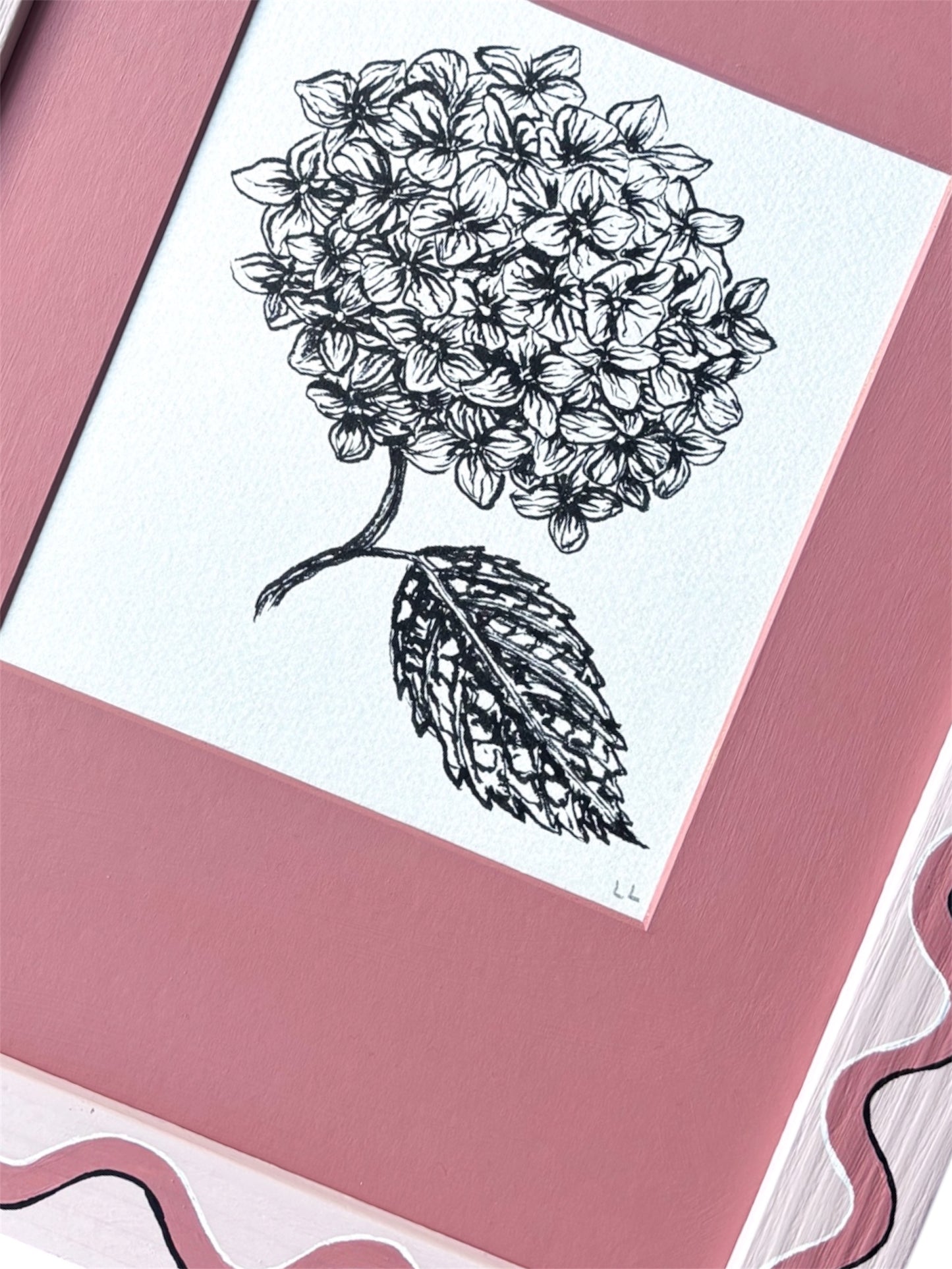 HYDRANGEA ORIGINAL INK ARTWORK IN A HAND PAINTED PINK WIGGLE WITH PINK MOUNT PRELOVED FRAME