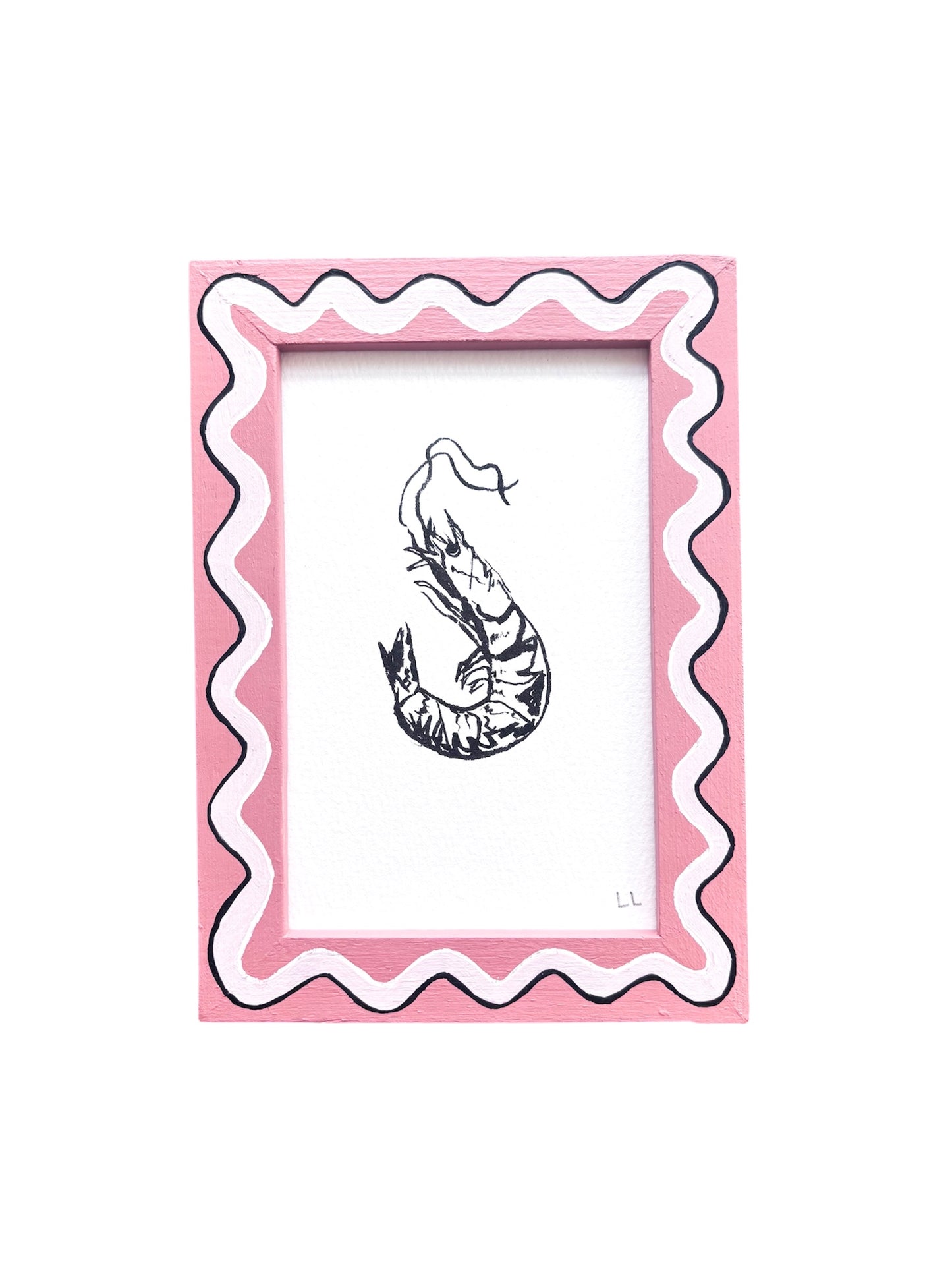 PRAWN ORIGINAL INK ARTWORK IN A HAND PAINTED DARK PINK AND LIGHT PINK PRELOVED FRAME