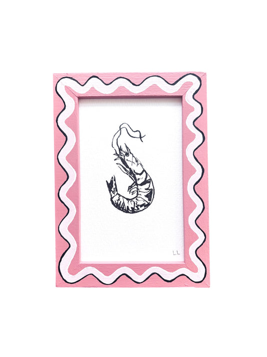 PRAWN ORIGINAL INK ARTWORK IN A HAND PAINTED DARK PINK AND LIGHT PINK PRELOVED FRAME