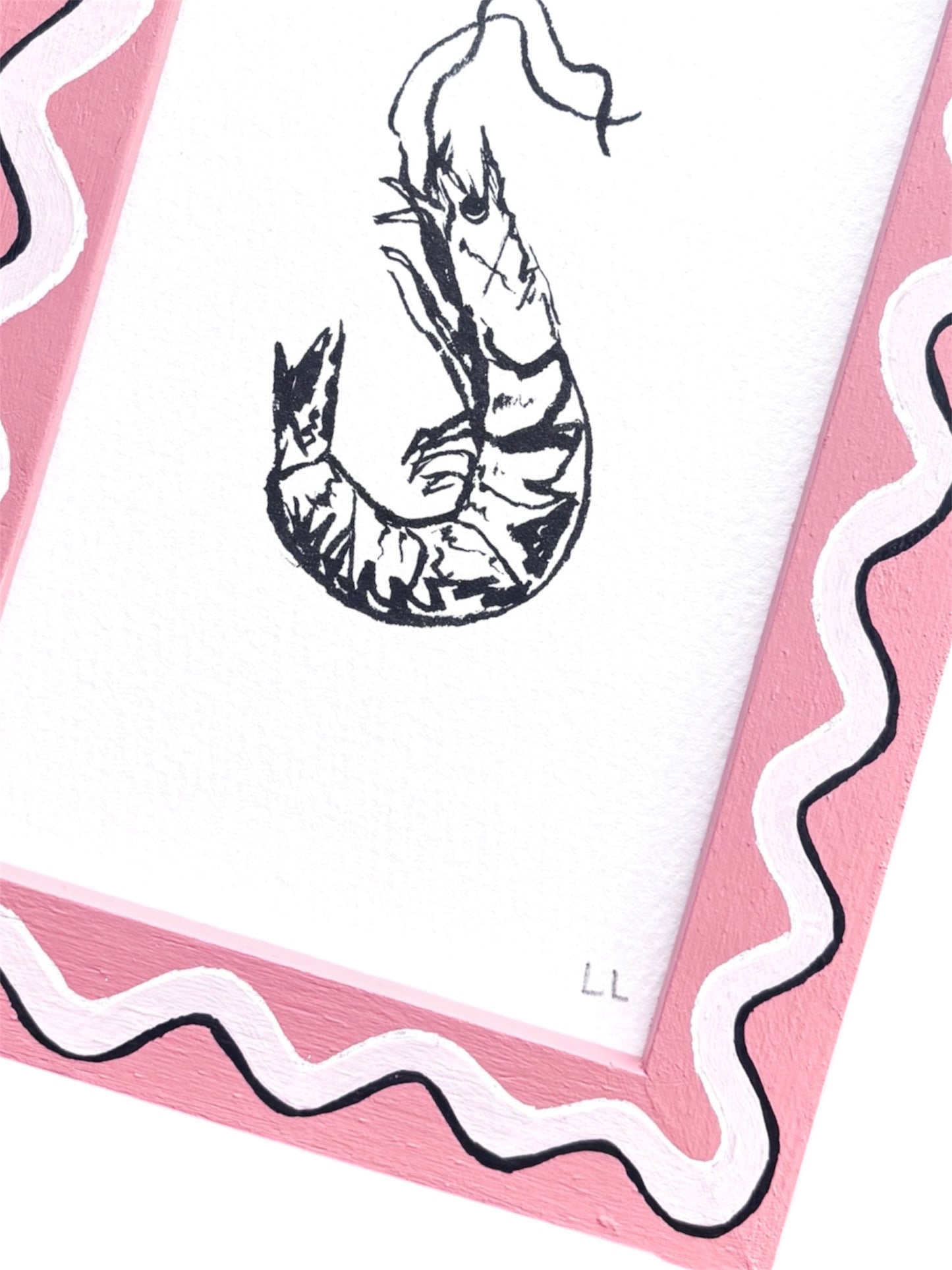 PRAWN ORIGINAL INK ARTWORK IN A HAND PAINTED DARK PINK AND LIGHT PINK PRELOVED FRAME