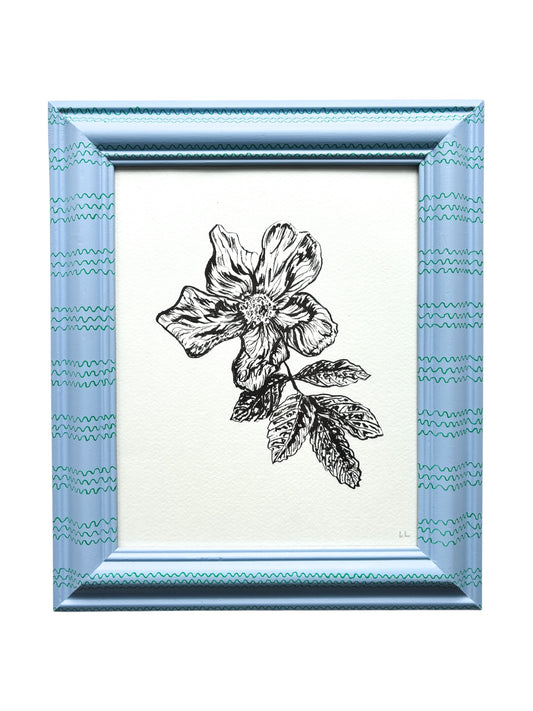 ROSE ORIGINAL INK ARTWORK IN A HAND PAINTED BLUE WITH GREEN WIGGLES PRELOVED FRAME