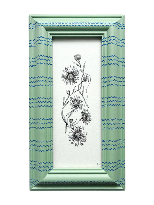 DAISY ORIGINAL INK ARTWORK IN A HAND PAINTED GREEN WITH BLUE WIGGLE PRELOVED FRAME