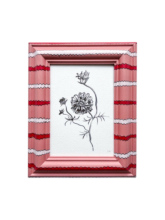 DAISY ORIGINAL INK ARTWORK IN A HAND PAINTED PINK AND RED PRELOVED FRAME