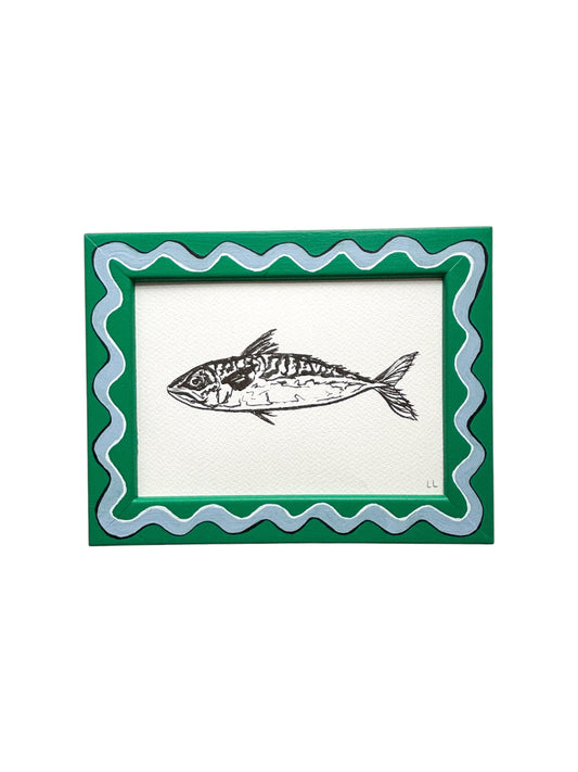 FISH ORIGINAL INK ARTWORK IN A HAND PAINTED GREEN AND BLUE PRELOVED FRAME