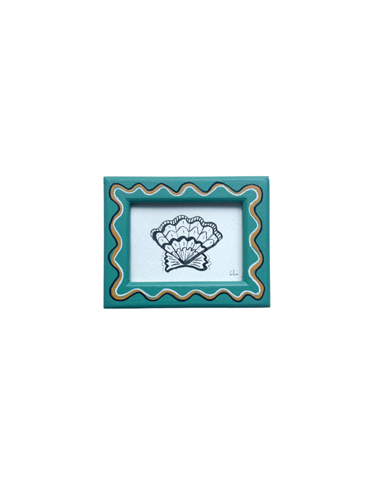 MINI SCALLOP ORIGINAL INK ARTWORK IN A HAND PAINTED GREEN AND YELLOW WIGGLE FRAME