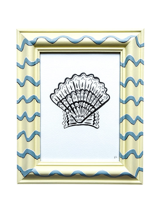 SCALLOP SHELL ORIGINAL INK ARTWORK IN A HAND PAINTED YELLOW AND BLUE WIGGLE STRIPED PRELOVED FRAME