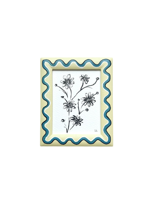 MINI DAISY ORIGINAL INK ARTWORK IN A HAND PAINTED YELLOW AND GREEN WIGGLE FRAME