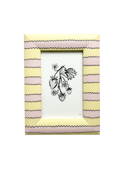 STRAWBERRY ORIGINAL INK ARTWORK IN A HAND PAINTED YELLOW AND PINK STRIPE PRELOVED FRAME
