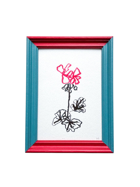 GERANIUM ORIGINAL INK ARTWORK IN A HAND PAINTED BLUE AND RED PRELOVED FRAME