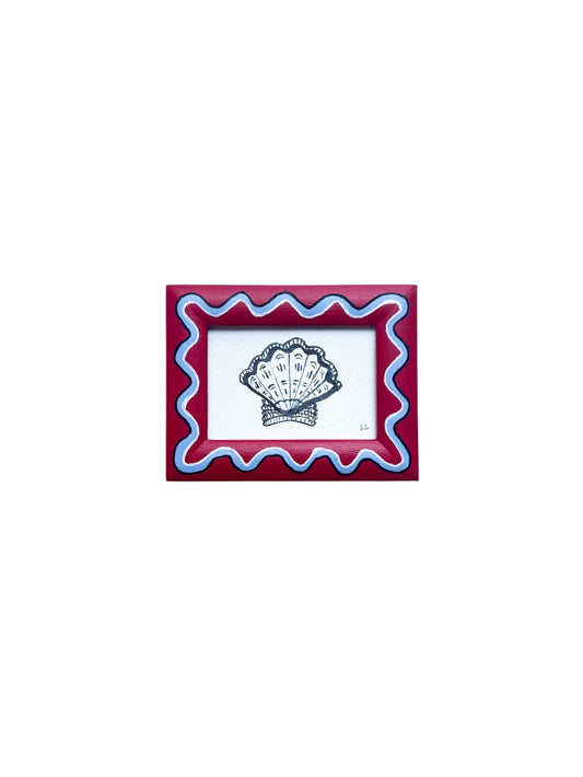 MINI SCALLOP ORIGINAL INK ARTWORK IN A HAND PAINTED RED AND BLUE WIGGLE FRAME