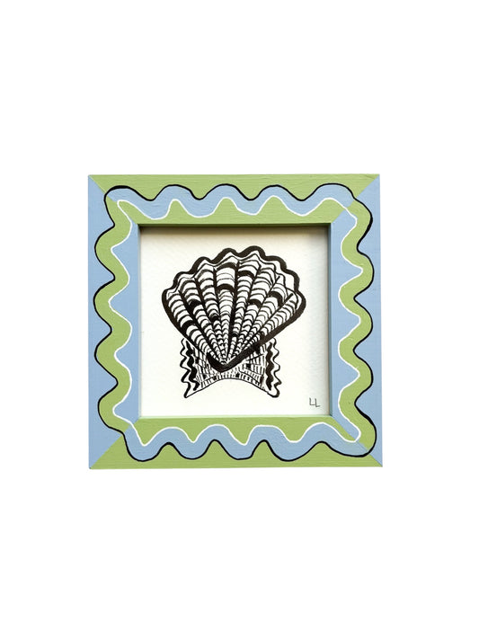 SCALLOP ORIGINAL INK ARTWORK IN A HAND PAINTED BLUE AND GREEN PRELOVED FRAME