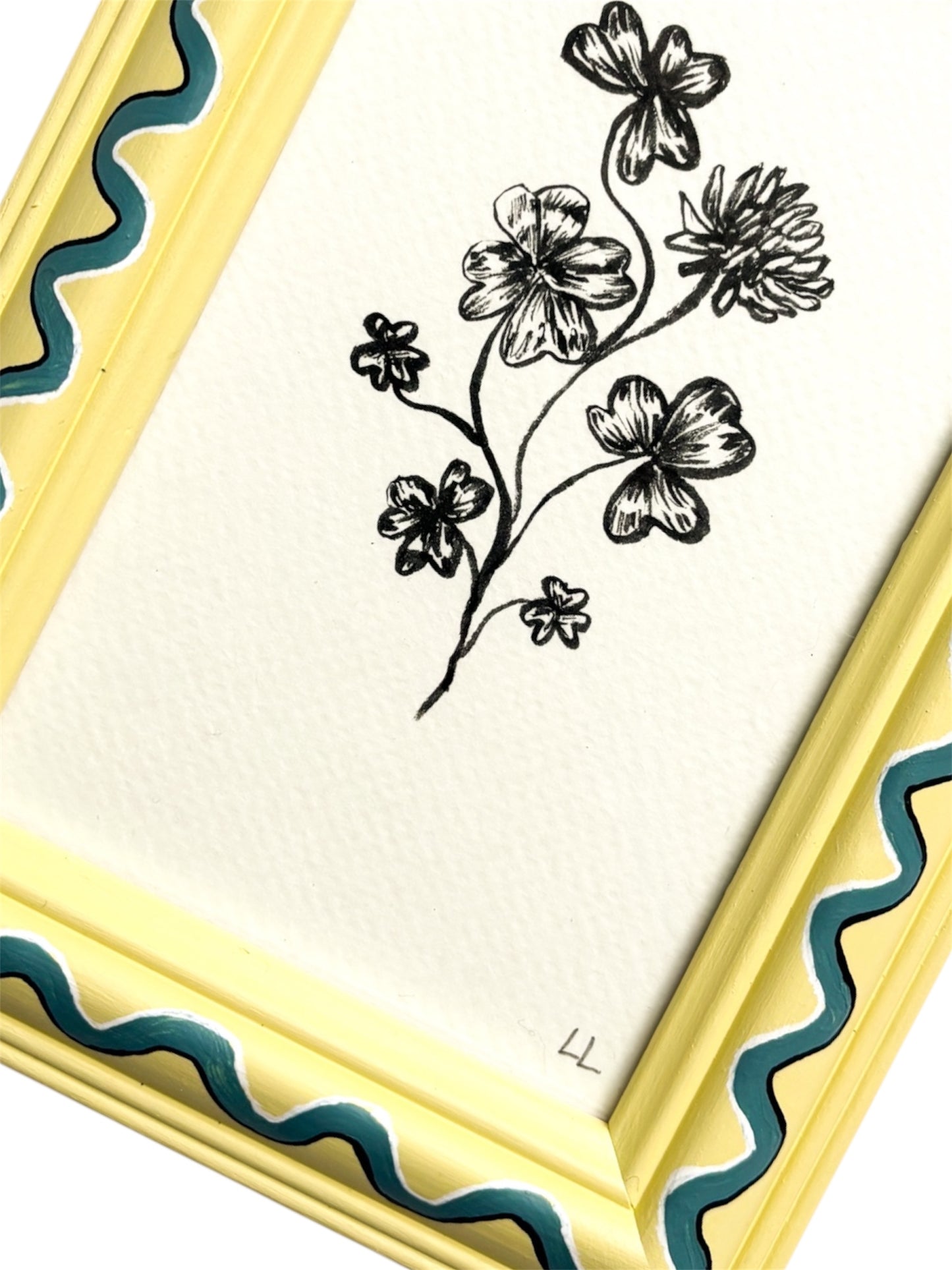 CLOVER ORIGINAL INK ARTWORK IN A HAND PAINTED YELLOW AND BLUE PRELOVED FRAME