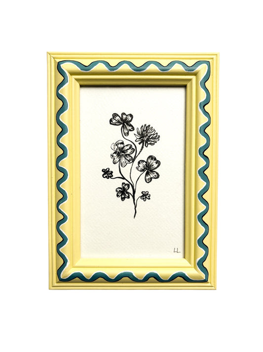 CLOVER ORIGINAL INK ARTWORK IN A HAND PAINTED YELLOW AND BLUE PRELOVED FRAME