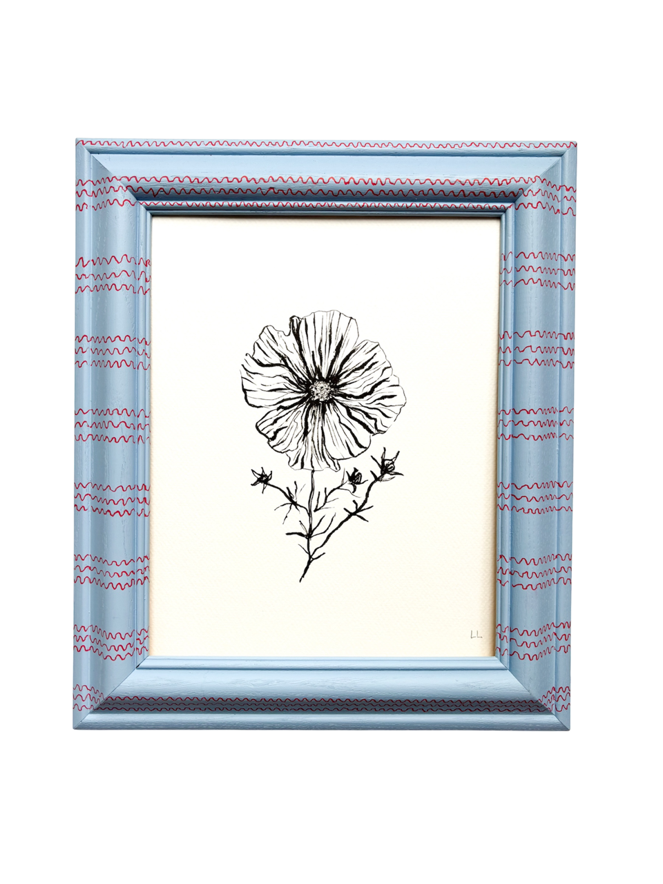 COSMOS ORIGINAL INK ARTWORK IN A HAND PAINTED BLUE WITH RED WIGGLE STRIPES PRELOVED FRAME